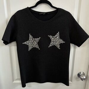 Marc Jacobs Black Short Sleeve Sweater with Silver Star Embellishments